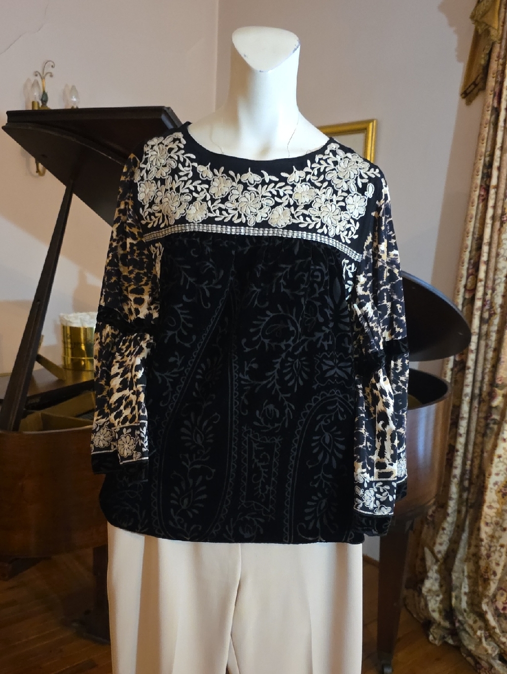 John Mark Embroidered Black Floral Velvet Peasant Top